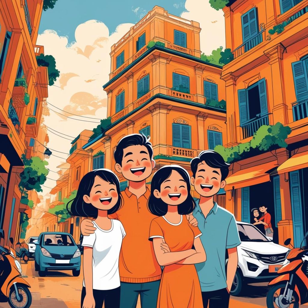 một gia đình hạnh phúc trước căn nhà mơ ước - môi giới vui vì giúp khách mua bán nhà đất thành công